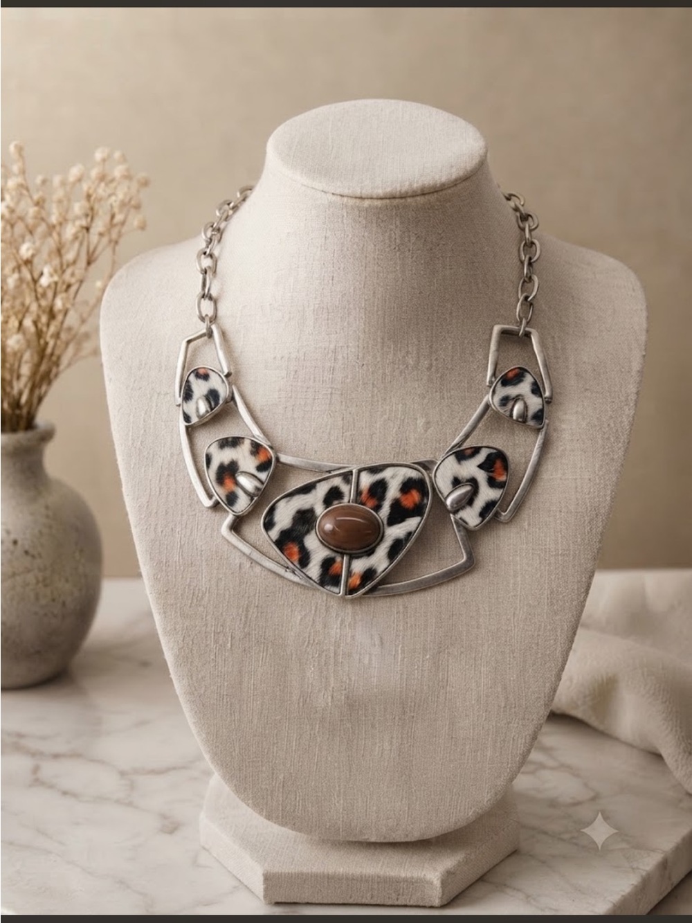 Vintage Leopard Print Statement Necklace Silver Tone Chunky Retro Bib Collar